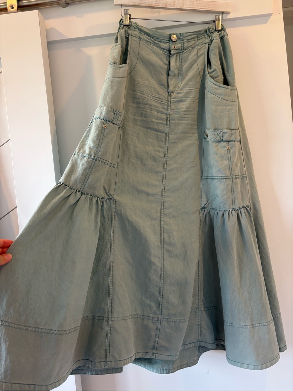 Free People Sage Green Tiered Utility Maxi Skirt